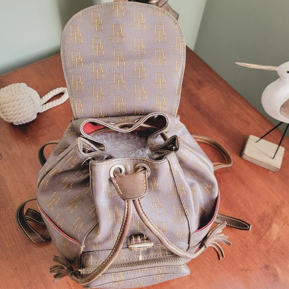Dooney & Bourke DB Monogram Backpack Pewter Gray Coated Canvas Leather Bag